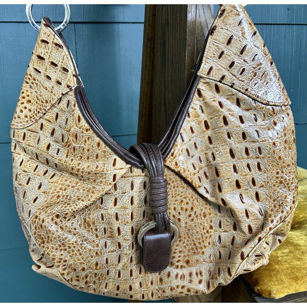 Vintage Susan Farber Croc Embossed Leather Hobo Shoulder Purse Bag Tan Brown